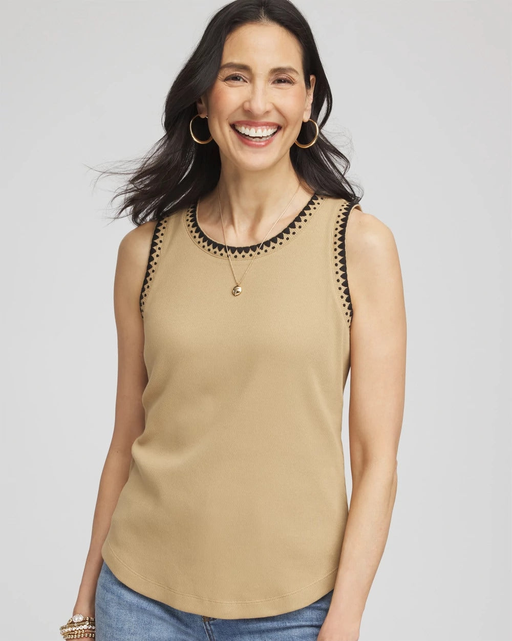 Chico's Online Cafe Aroma Contrast-Trim Ribbed Cotton Tank Top