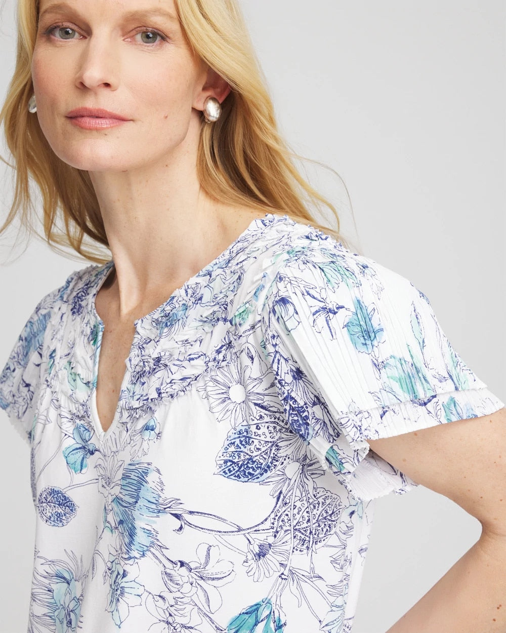 Chico's Sale Alabaster Touch of Cool™ Floral Flutter Sleeve Tee