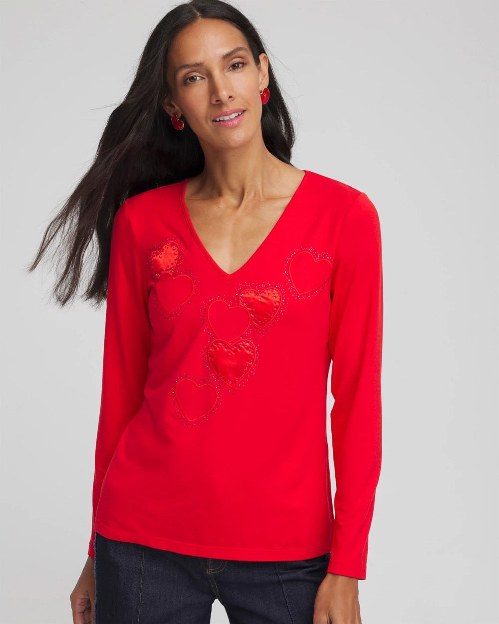 Chico's Outlet Love Letter Red Embellished Heart V-Neck Tee