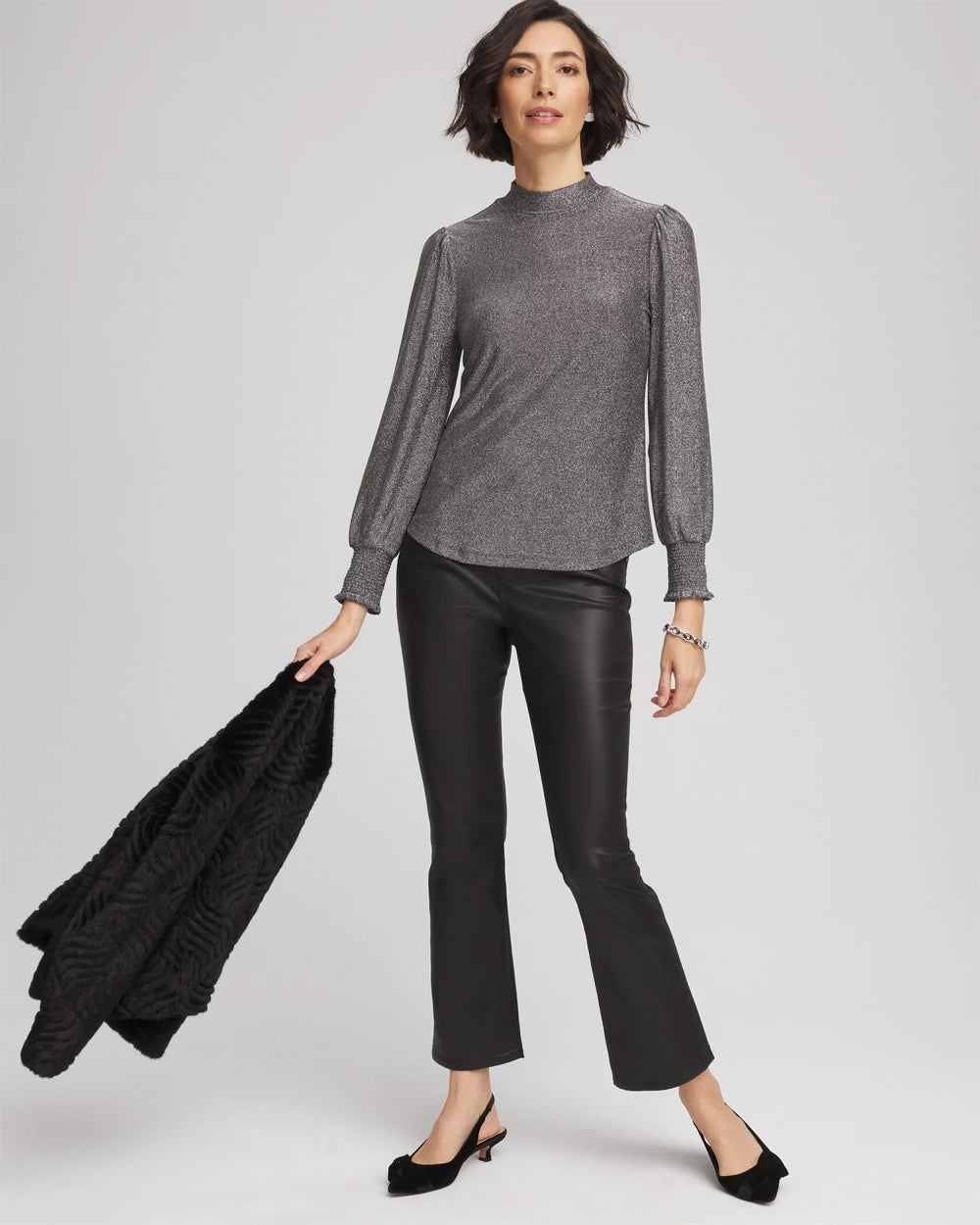Chico's Discount Silver Glitter Sparkle Smocked Top