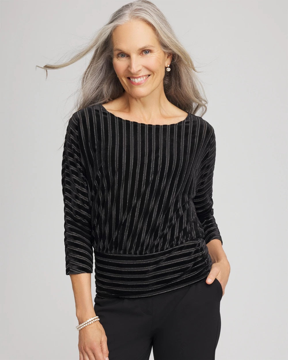 Chico's On Sale Black Velvet Burnout Stripe Banded-Bottom Top