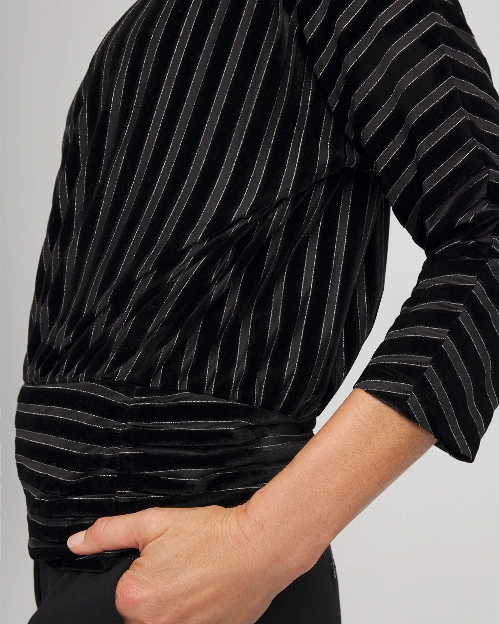 Chico's On Sale Black Velvet Burnout Stripe Banded-Bottom Top