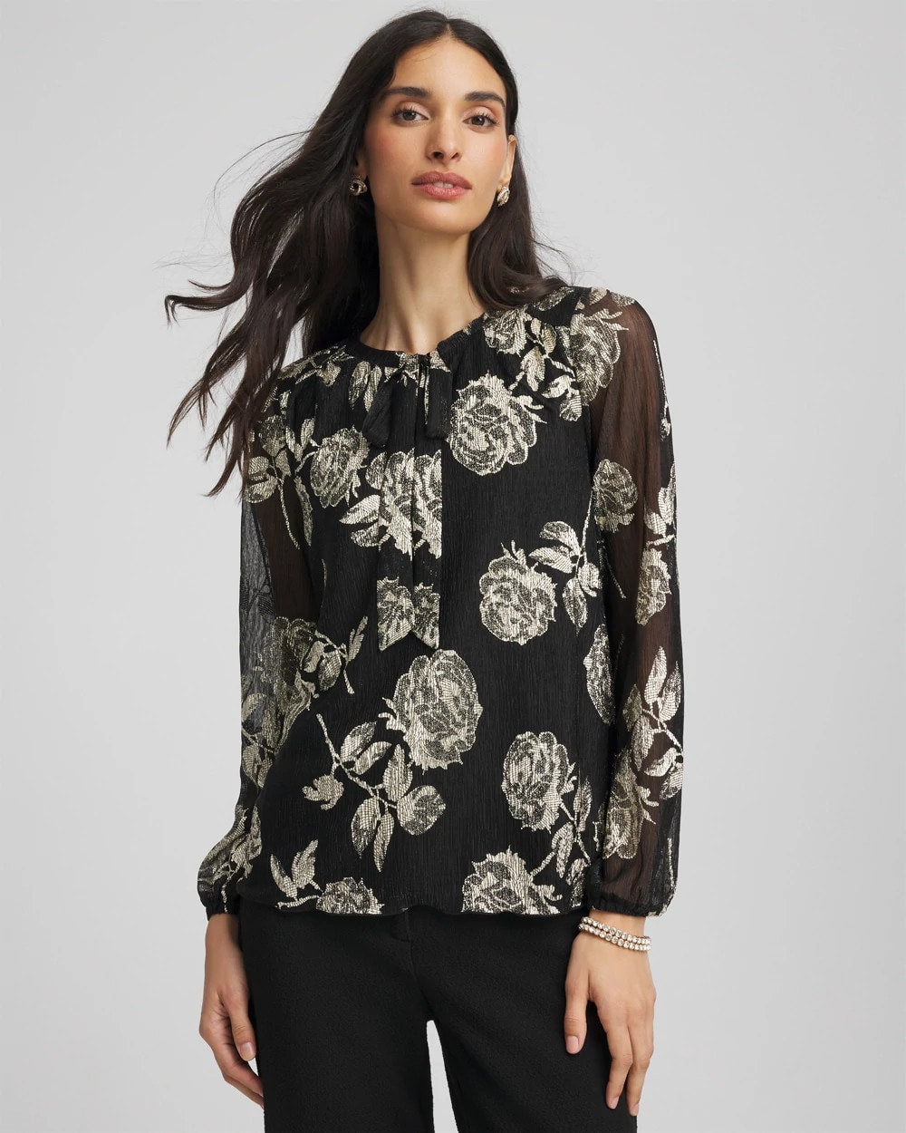 Chico's For Sale Black Floral Metallic Bodre Top