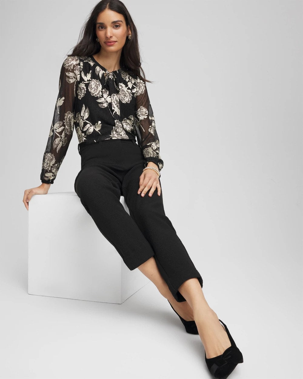 Chico's For Sale Black Floral Metallic Bodre Top