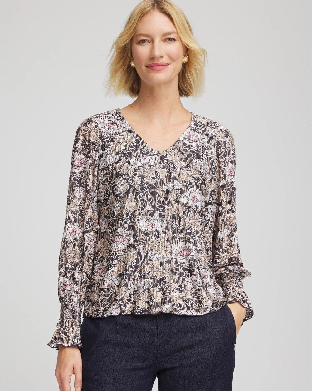 Chico's Online Graphite Gray Bloom Crinkle Bodre Top