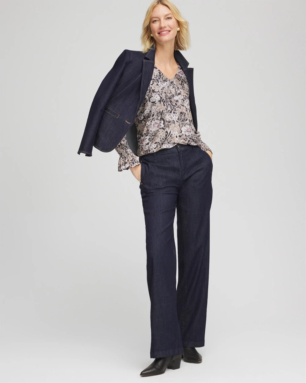 Chico's Online Graphite Gray Bloom Crinkle Bodre Top