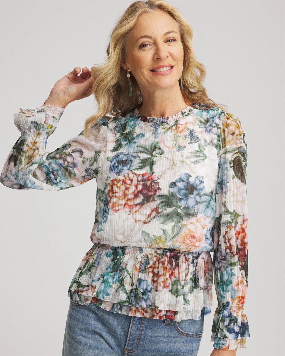 Chico's Discount Ecru Rose Print Crinkle Top