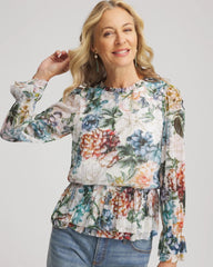 Chico's Discount Ecru Rose Print Crinkle Top