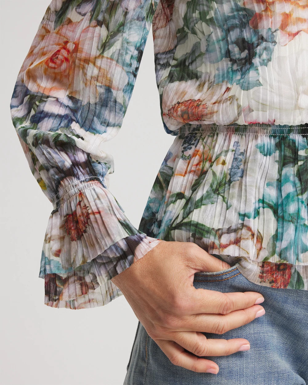 Chico's Discount Ecru Rose Print Crinkle Top