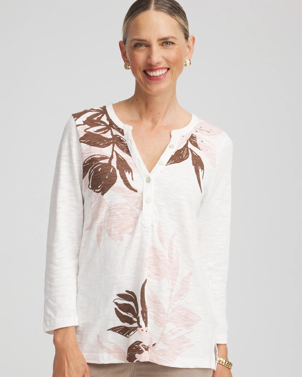 Chico's Sale Rose Smoke Slub Splitneck Henley Tee