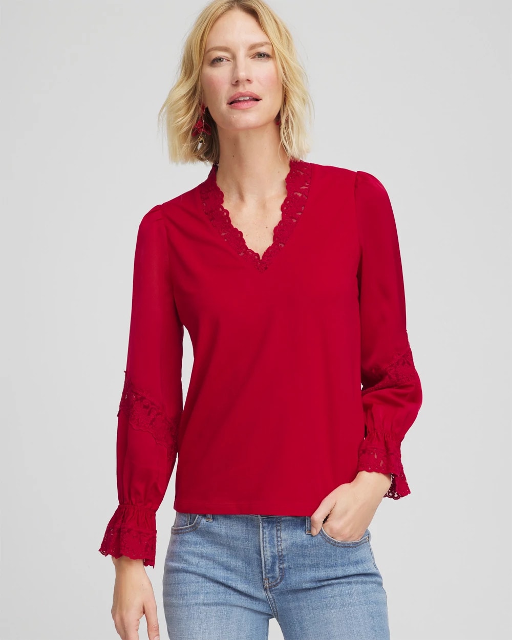 Chico's Outlet Carmine Red Lace V-Neck Top