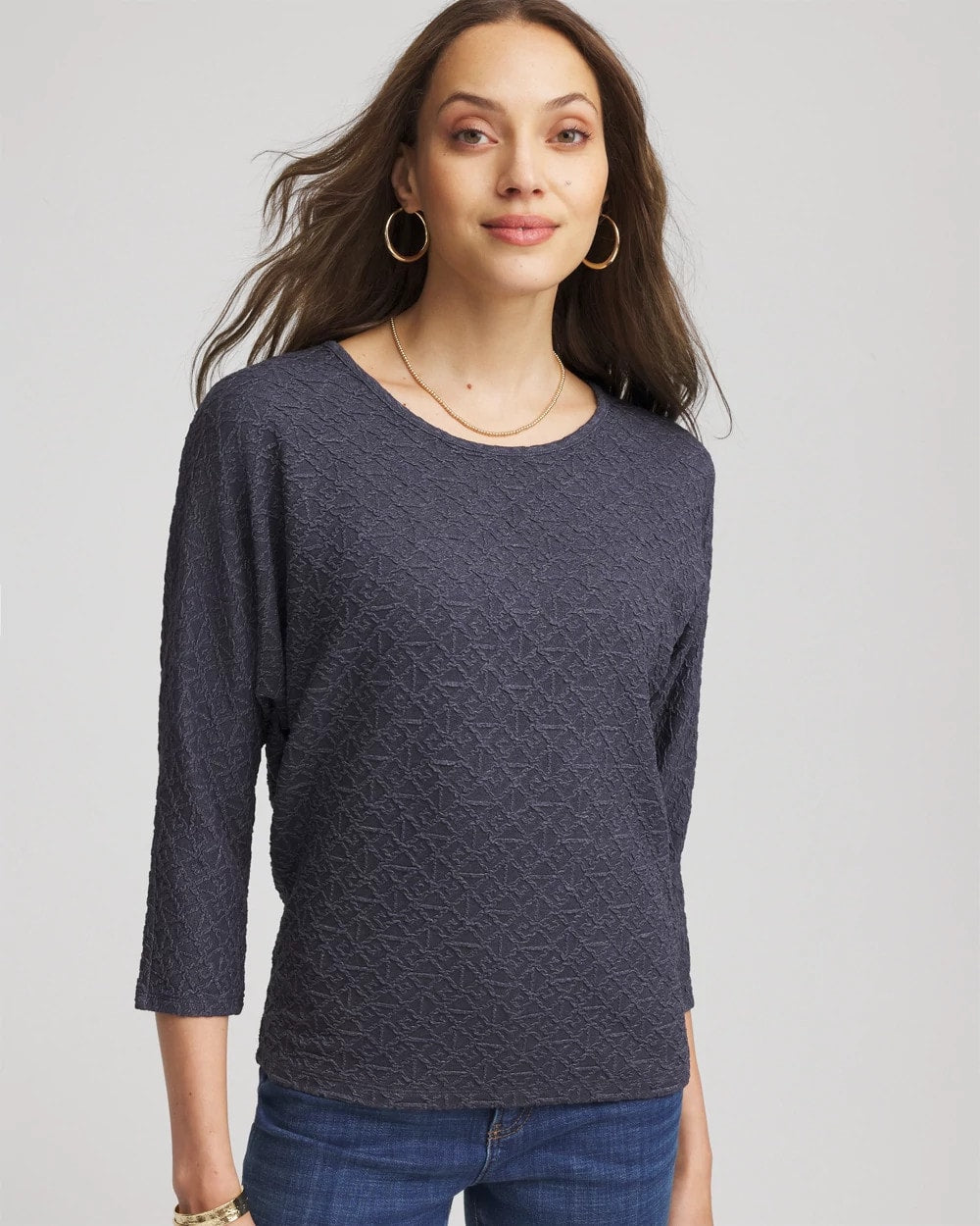 Chico's For Sale Denim Textured Denim-Motif Tapered-Hem Top