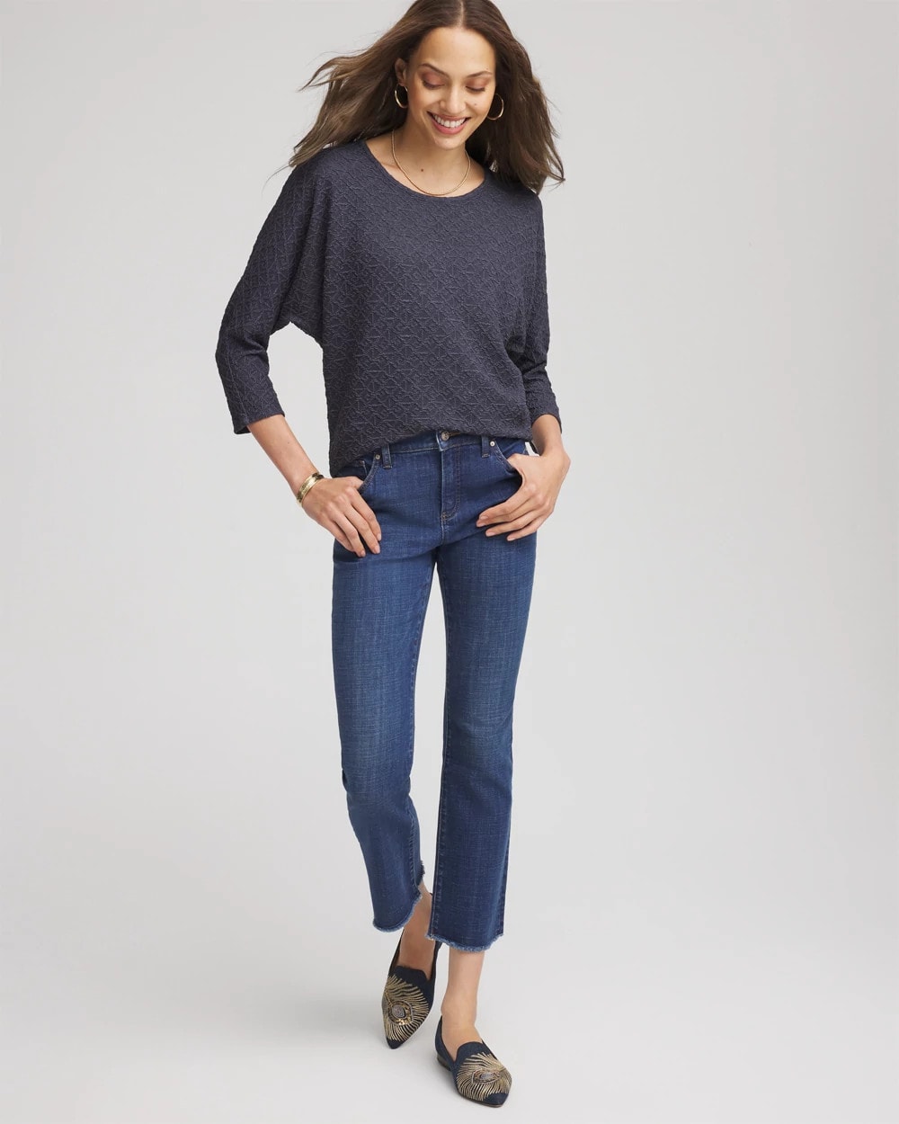 Chico's For Sale Denim Textured Denim-Motif Tapered-Hem Top