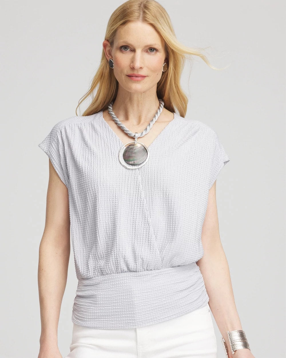 Chico's Online Dove Gray Foiled Knit Banded Bottom Top