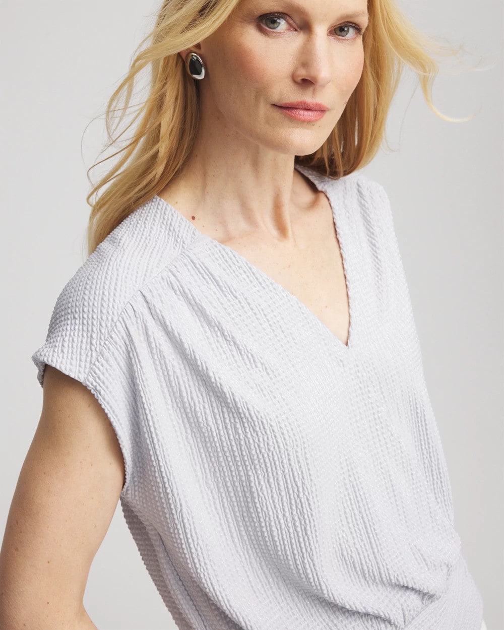 Chico's Online Dove Gray Foiled Knit Banded Bottom Top