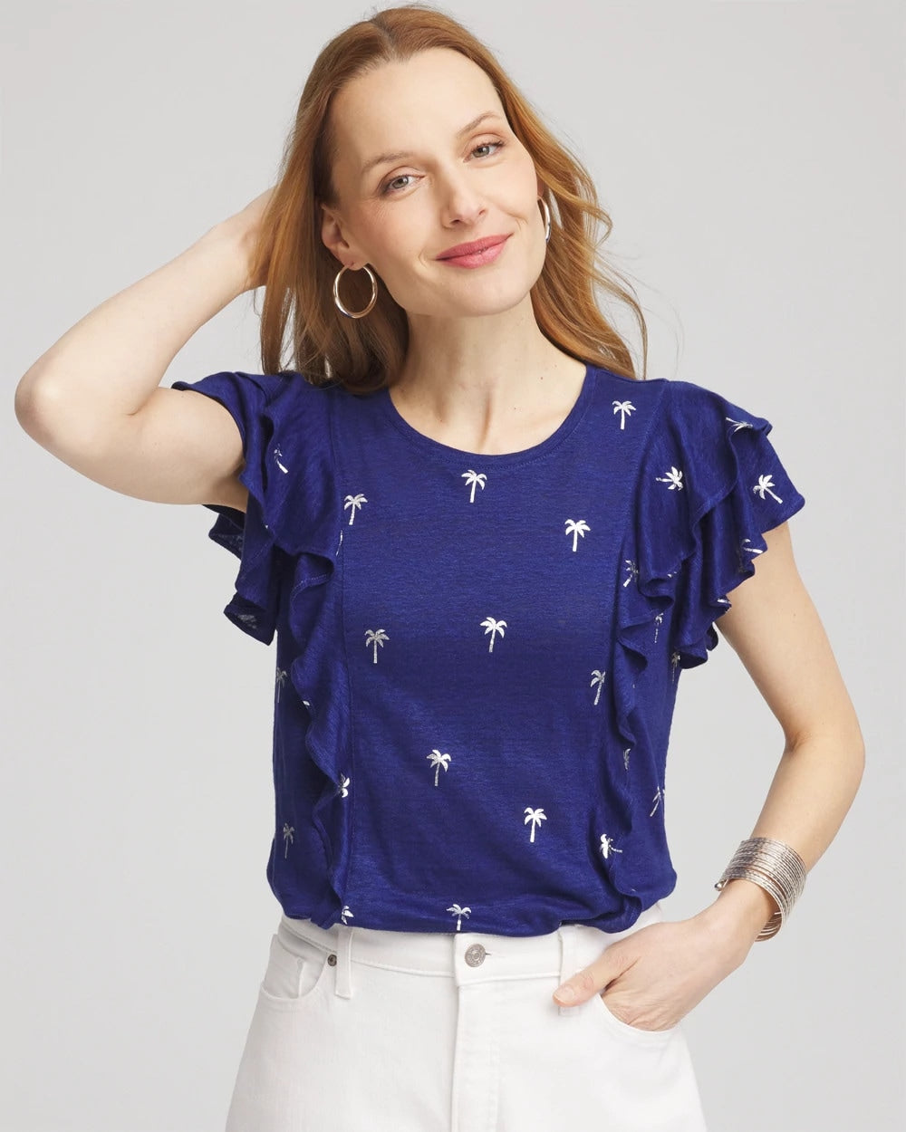 Chico's Discount Blue Casa Foiled Flutter-Sleeve Linen Tee