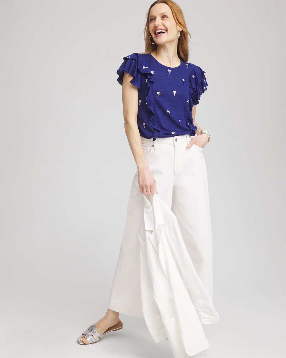 Chico's Discount Blue Casa Foiled Flutter-Sleeve Linen Tee