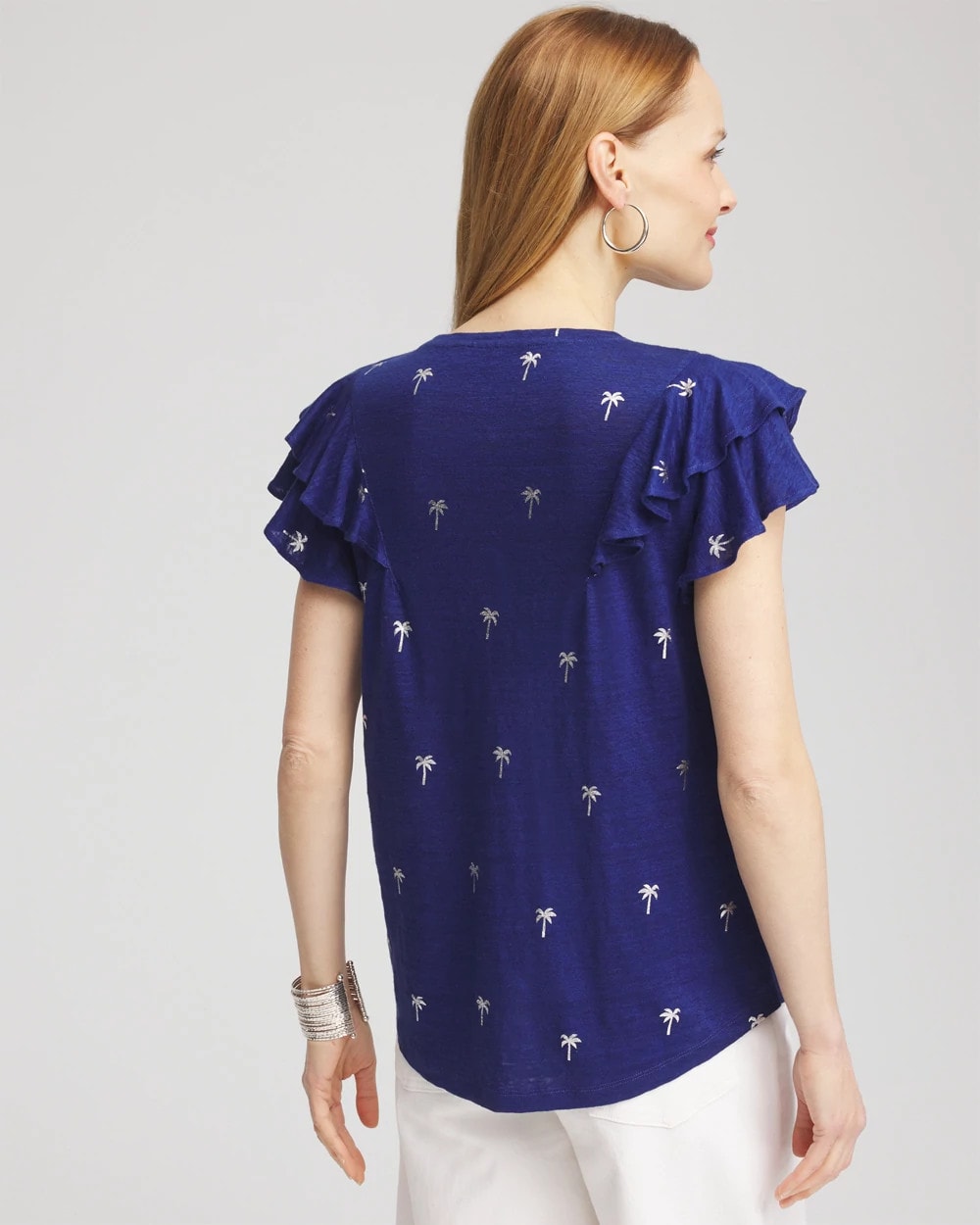 Chico's Discount Blue Casa Foiled Flutter-Sleeve Linen Tee