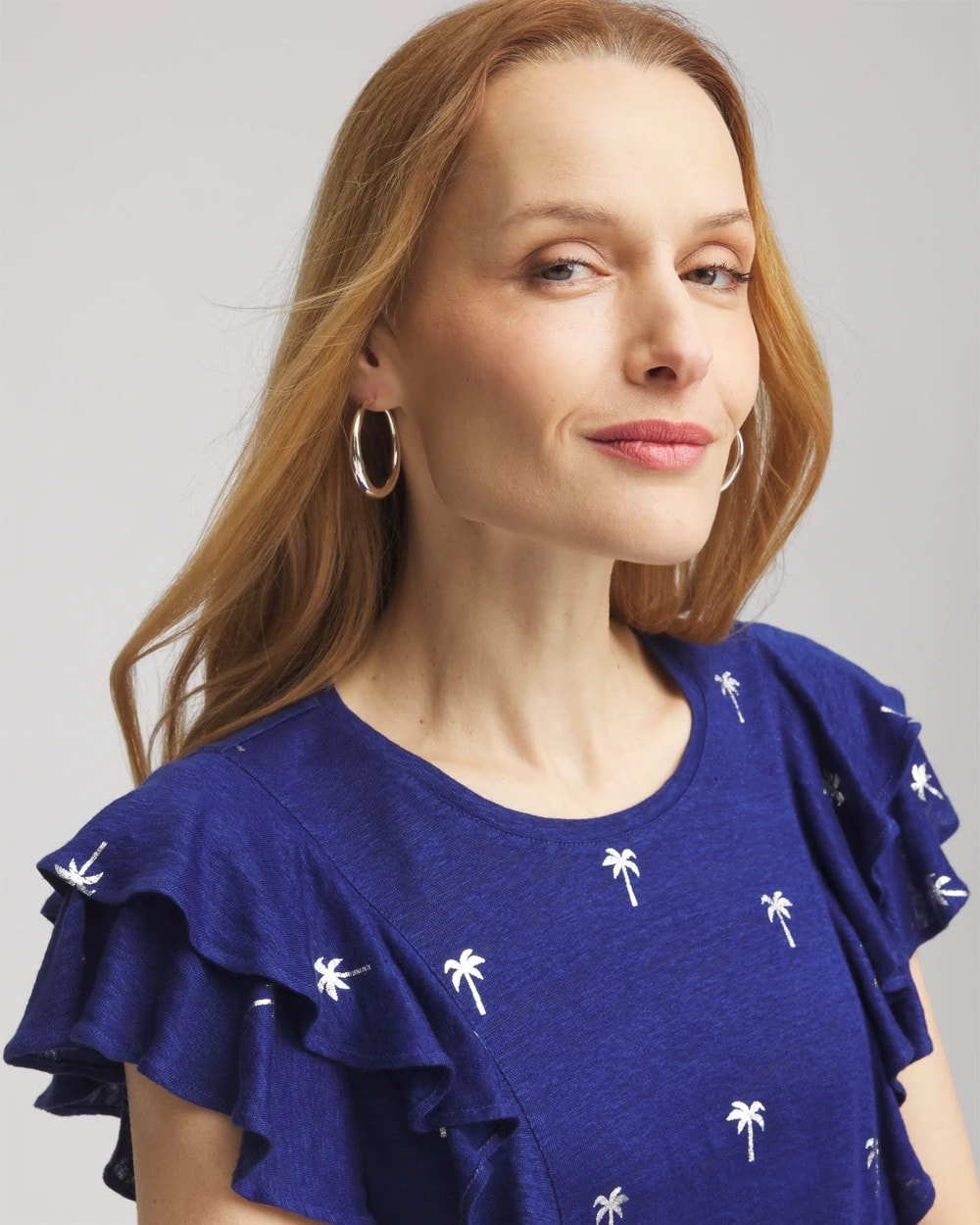 Chico's Discount Blue Casa Foiled Flutter-Sleeve Linen Tee