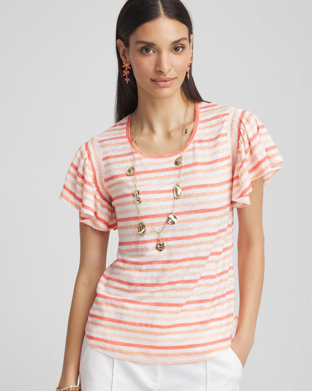 Chico's Sale Melon Mambo Striped Linen Smocked Flutter-Sleeved Tee