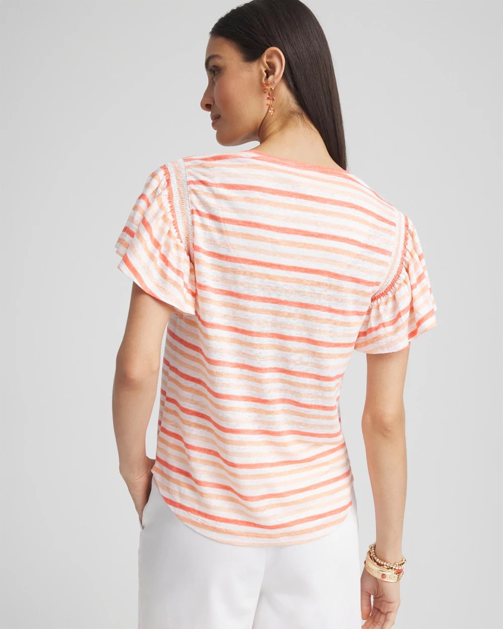 Chico's Sale Melon Mambo Striped Linen Smocked Flutter-Sleeved Tee