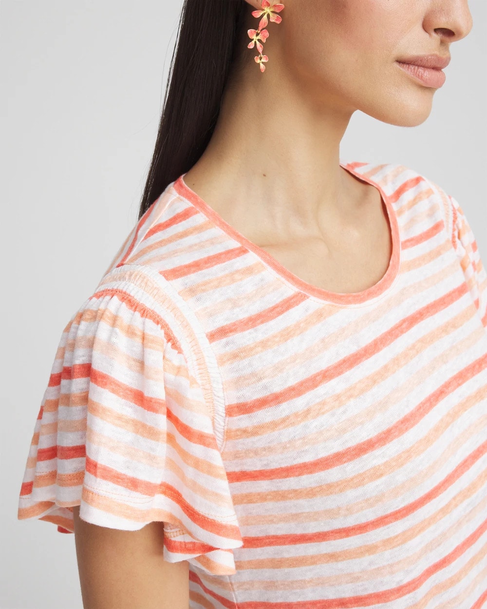 Chico's Sale Melon Mambo Striped Linen Smocked Flutter-Sleeved Tee