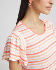 Chico's Sale Melon Mambo Striped Linen Smocked Flutter-Sleeved Tee