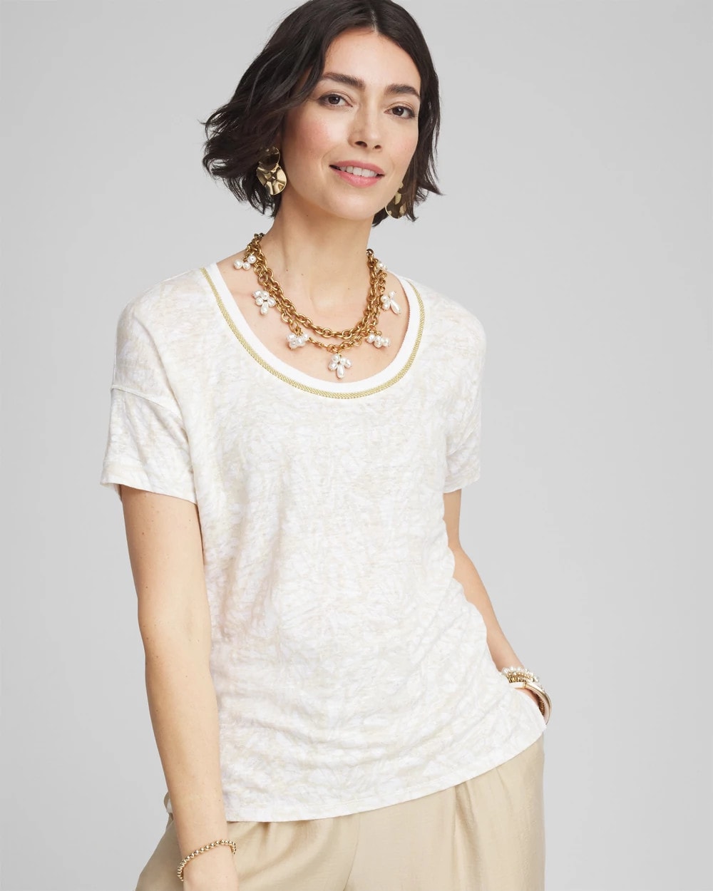 Chico's Outlet River Rock Printed Sweater Trim Linen Tee