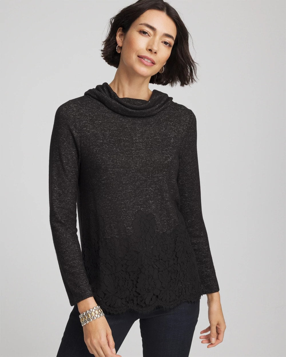 Chico's Outlet Black Lace Hem Cowlneck Top