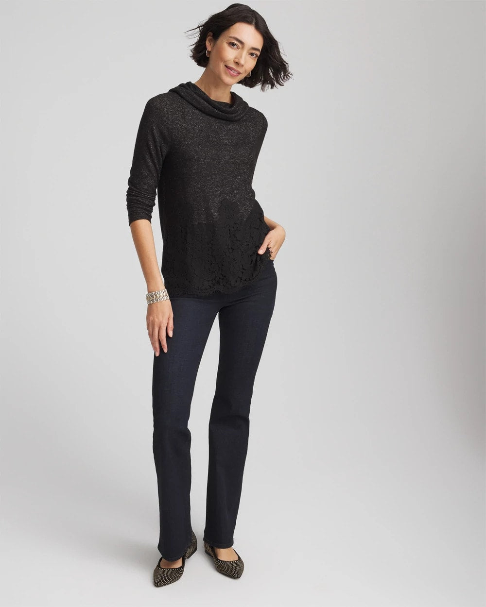 Chico's Outlet Black Lace Hem Cowlneck Top