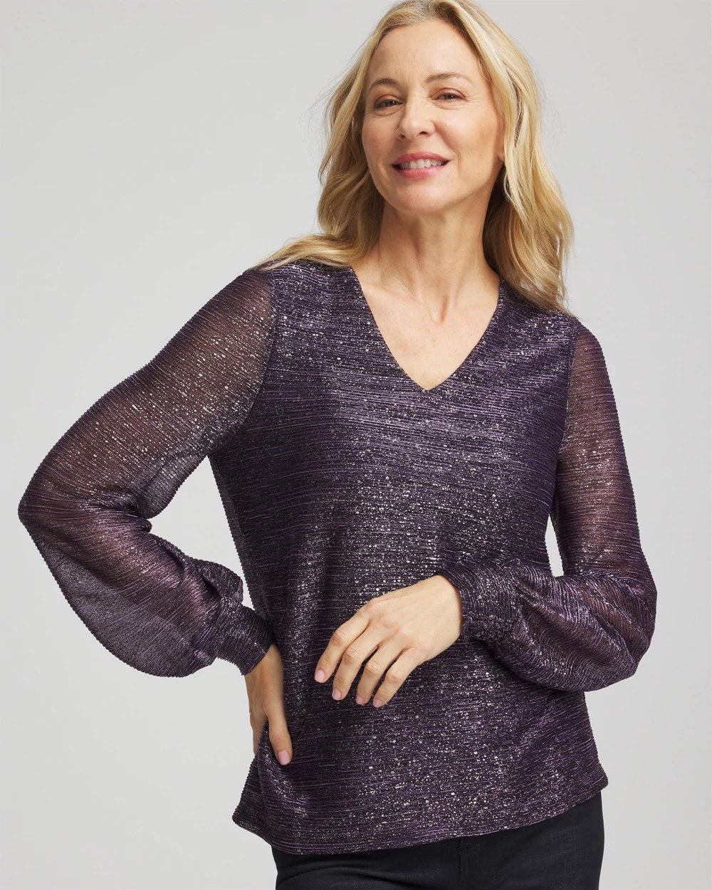 Chico's On Sale Purple Elixir Foiled Bodre Top