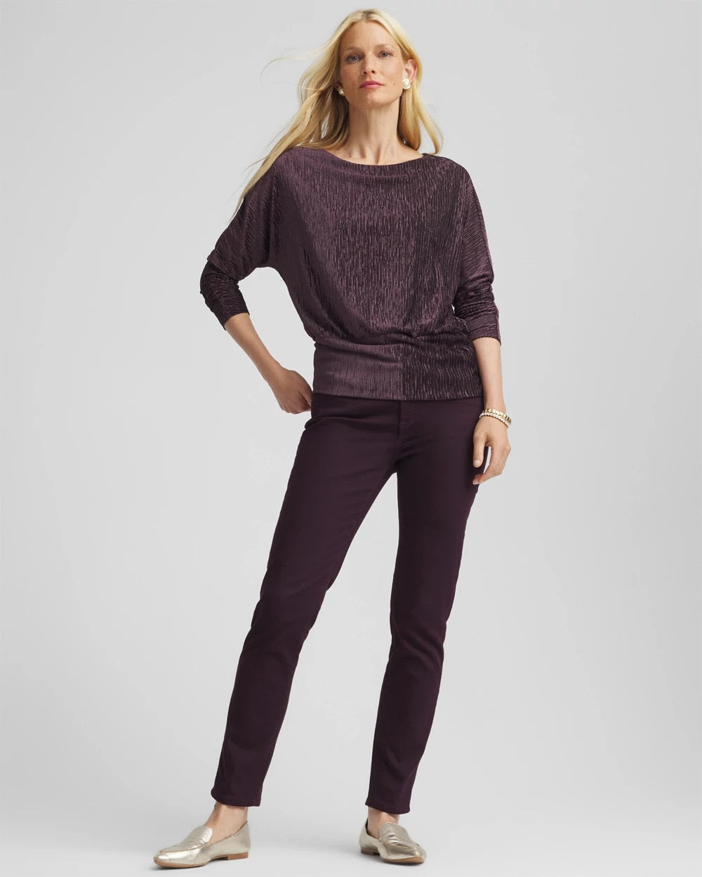 Chico's For Sale Night Bloom Crinkle Velvet Banded-Bottom Top