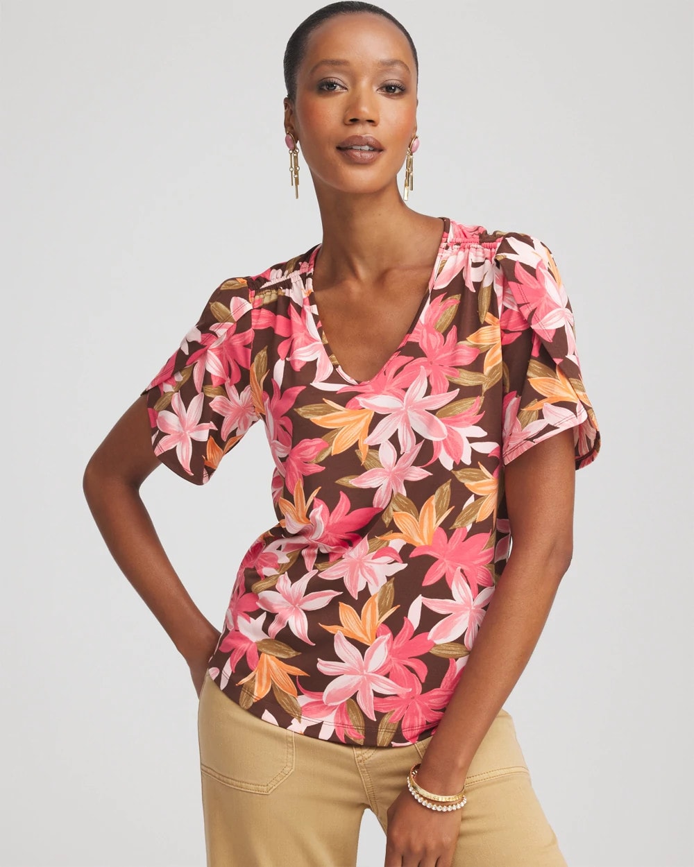 Chico's For Sale Cacao Floral Petal-Sleeve Voop Neck Tee