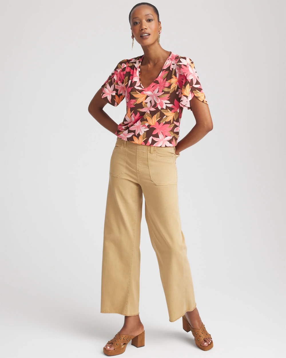 Chico's For Sale Cacao Floral Petal-Sleeve Voop Neck Tee