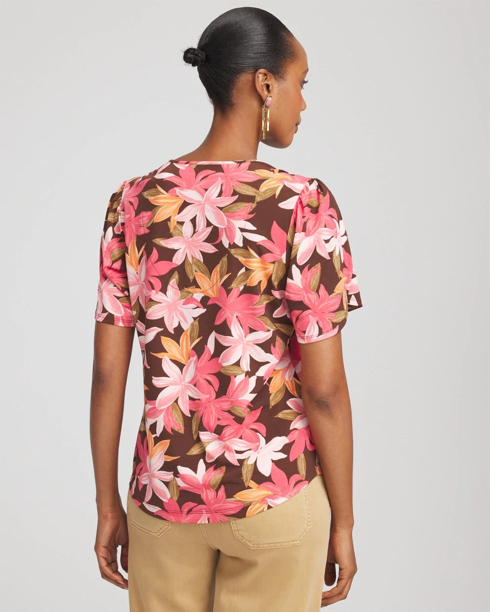 Chico's For Sale Cacao Floral Petal-Sleeve Voop Neck Tee