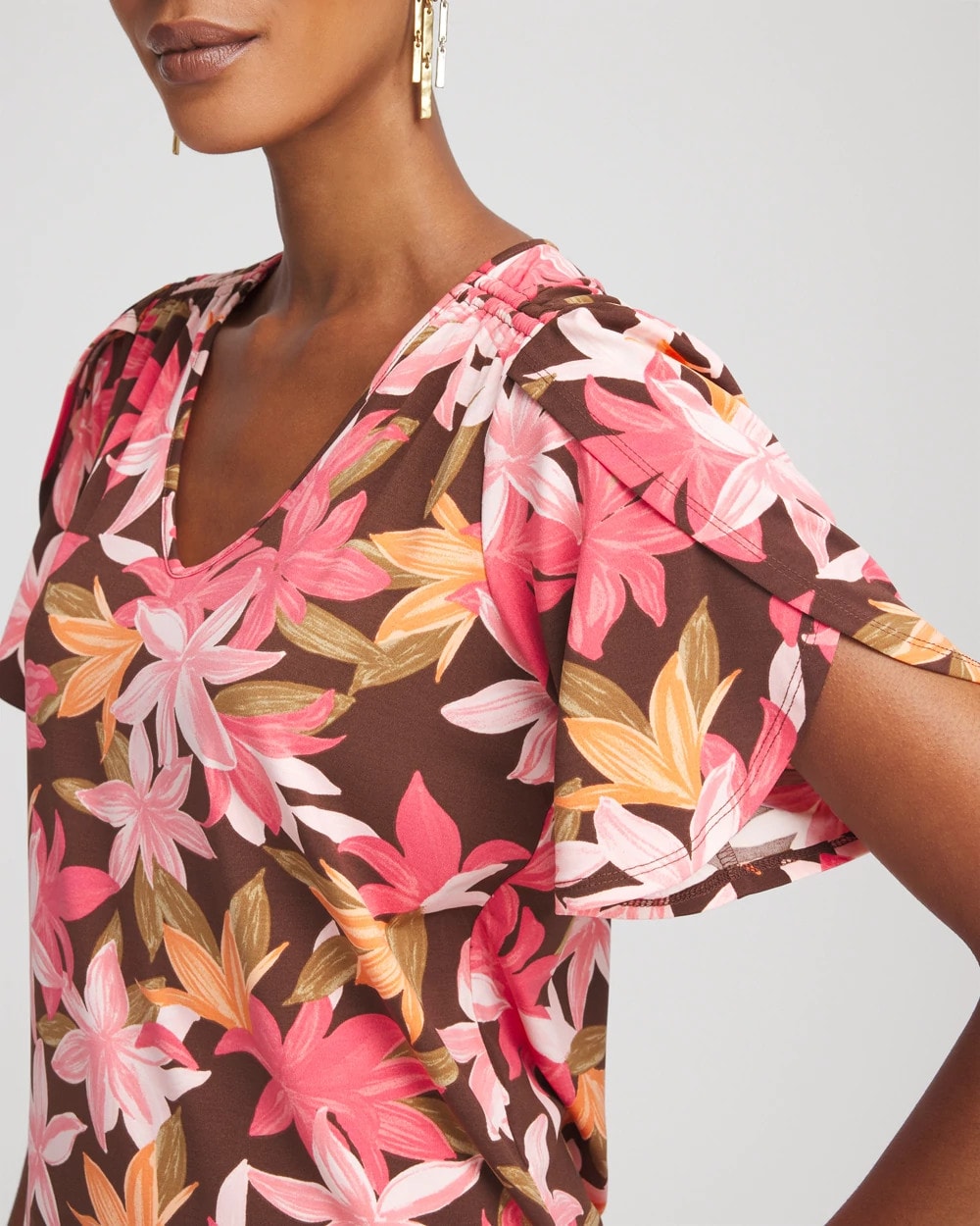 Chico's For Sale Cacao Floral Petal-Sleeve Voop Neck Tee