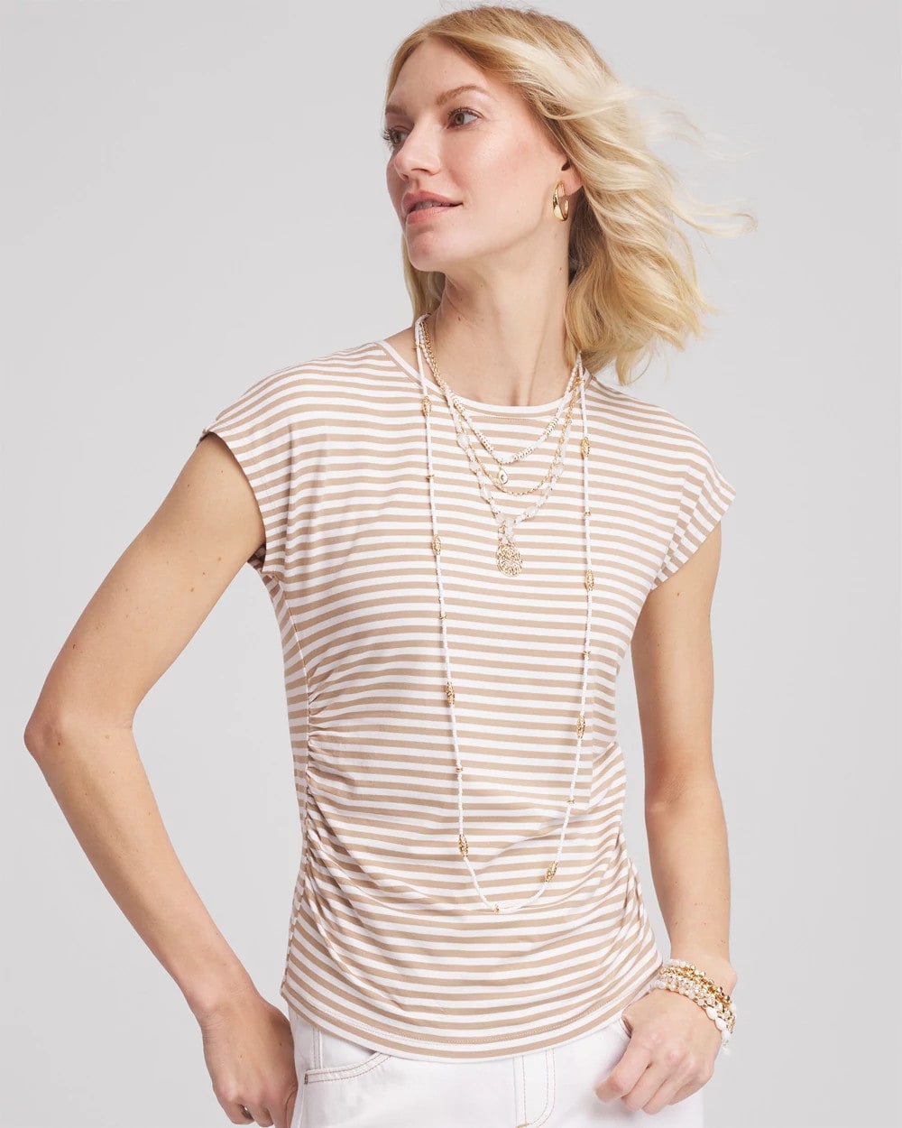 Chico's Discount Cafe Aroma Neutral Striped Cap Sleeve Dolman Tee