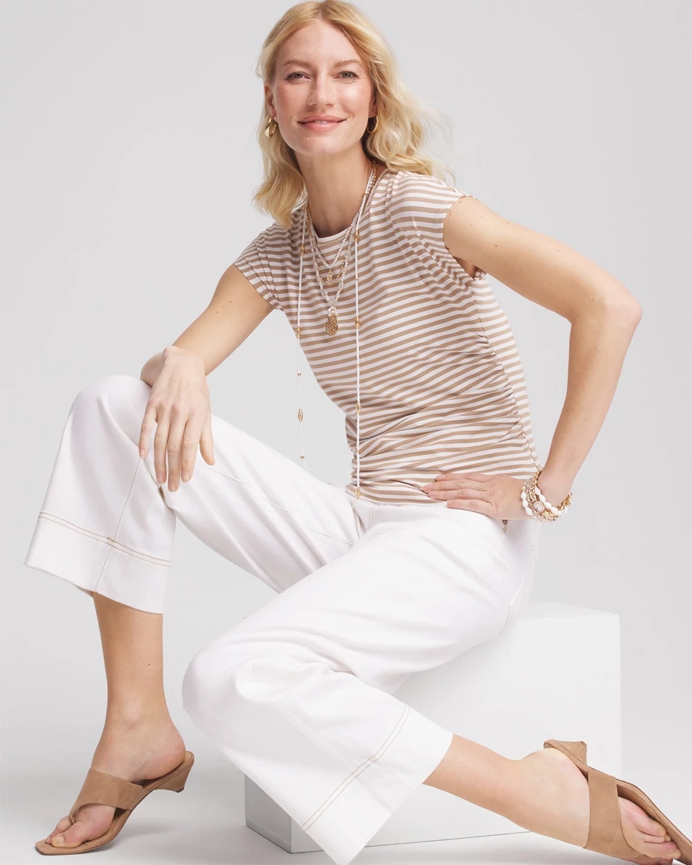 Chico's Discount Cafe Aroma Neutral Striped Cap Sleeve Dolman Tee