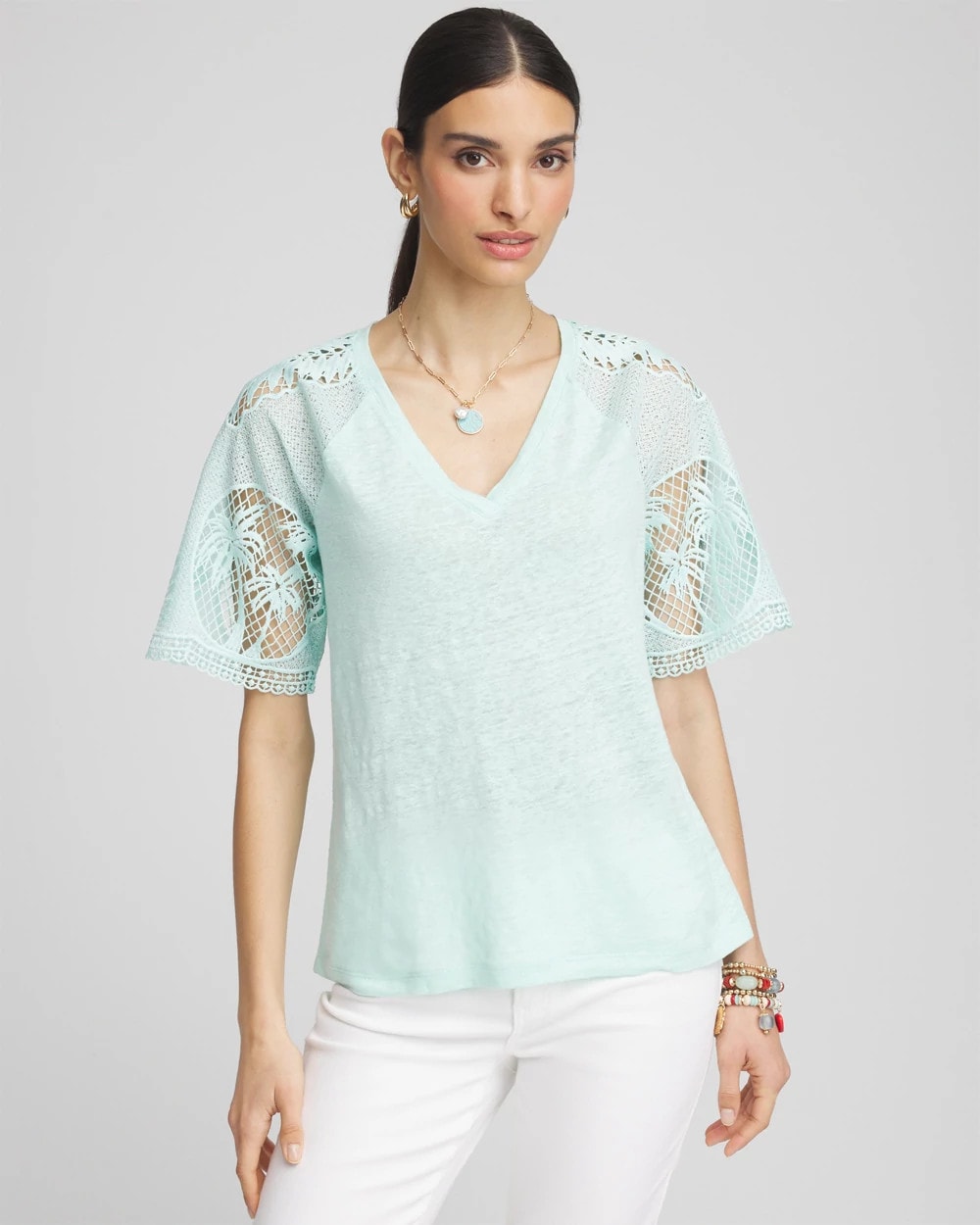 Chico's Sale Teal Waters Linen Crochet Lace Short Sleeve Tee