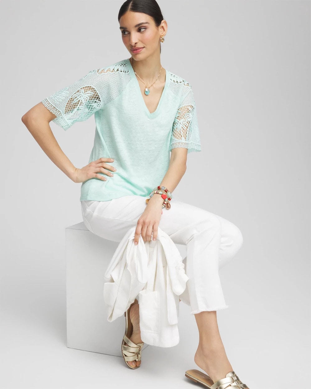 Chico's Sale Teal Waters Linen Crochet Lace Short Sleeve Tee