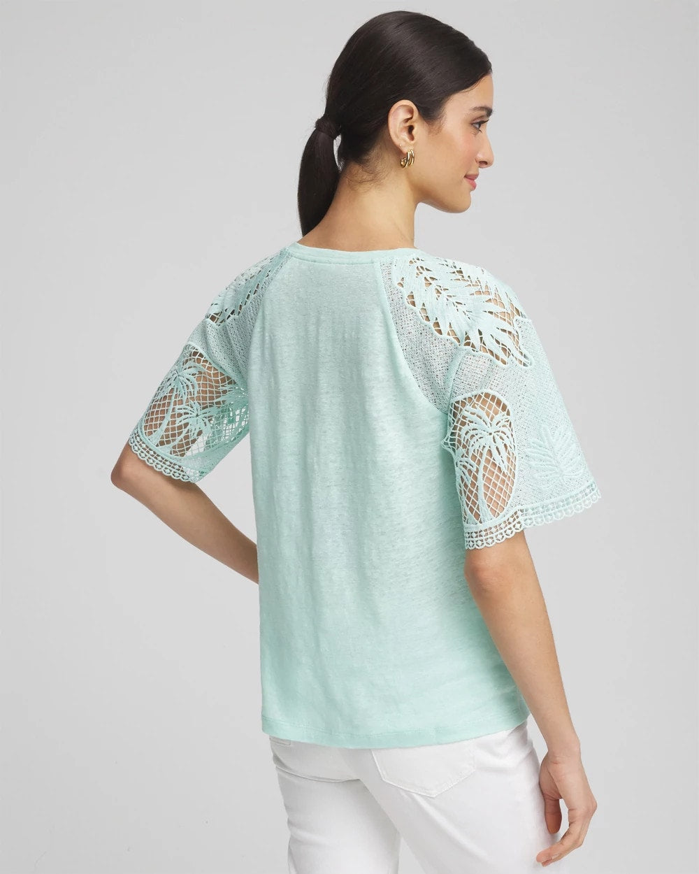 Chico's Sale Teal Waters Linen Crochet Lace Short Sleeve Tee