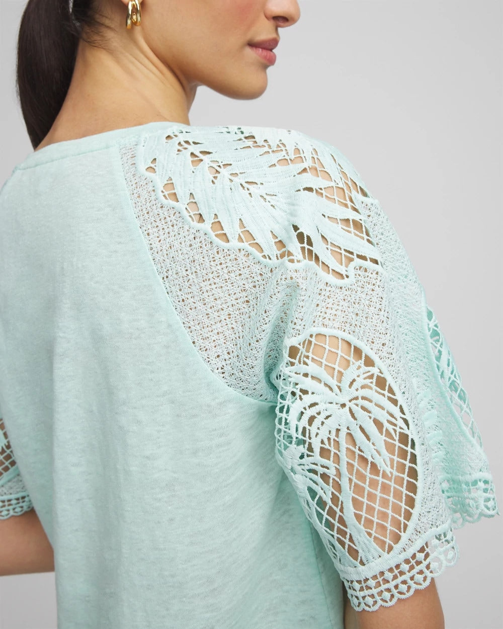 Chico's Sale Teal Waters Linen Crochet Lace Short Sleeve Tee