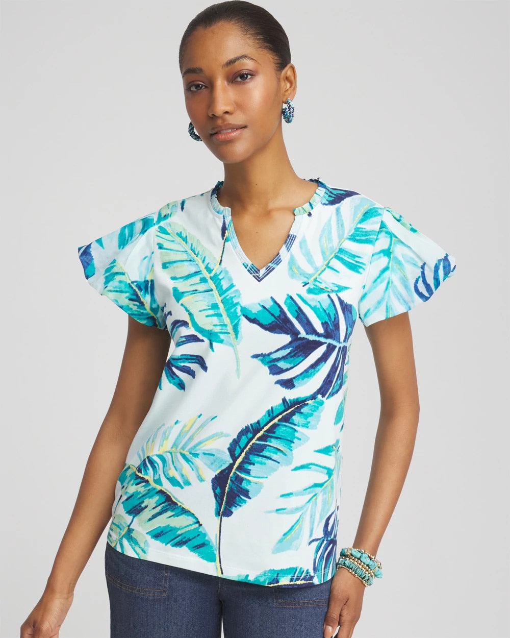 Chico's Outlet Paradiso Blue Notch Neck Cap Sleeve Tee