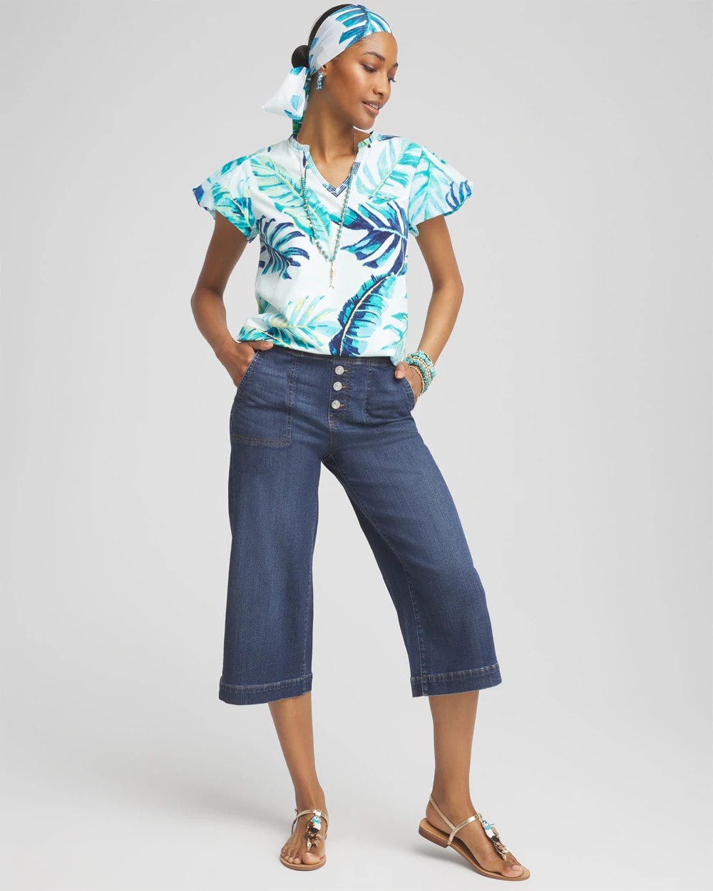 Chico's Outlet Paradiso Blue Notch Neck Cap Sleeve Tee