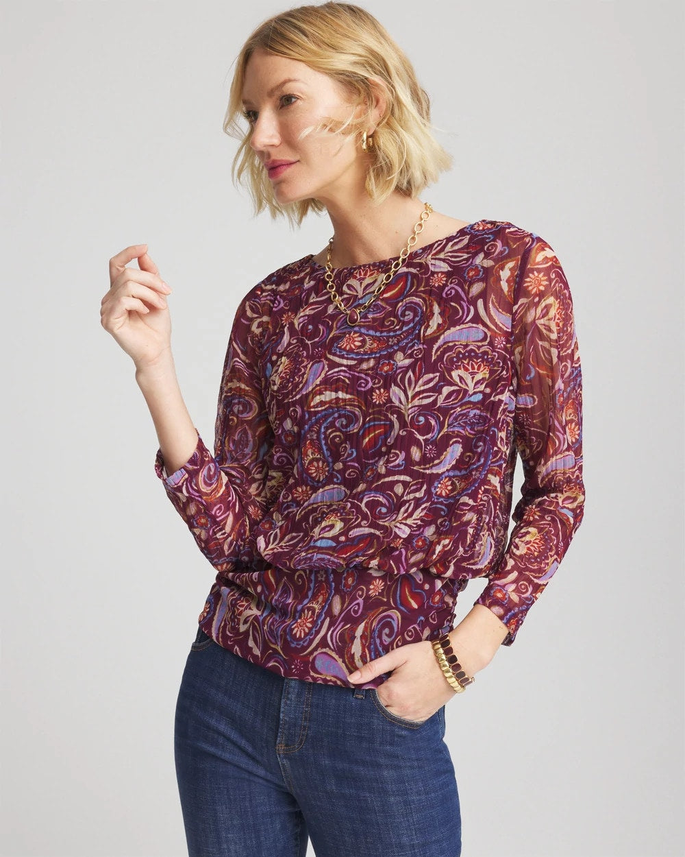 Chico's Discount Deep Chianti Paisley Textured Banded-Hem Top