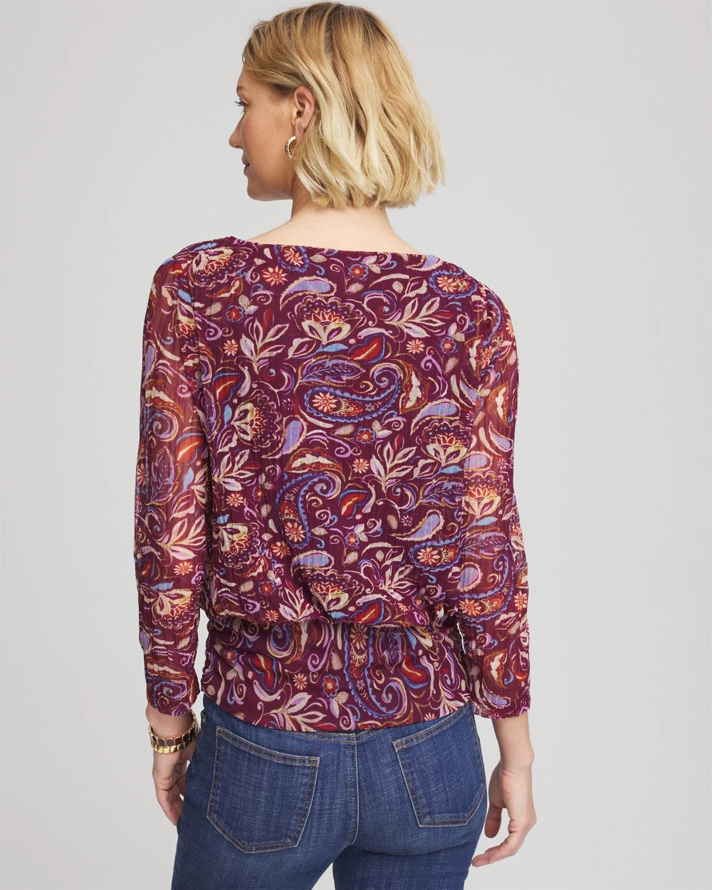 Chico's Discount Deep Chianti Paisley Textured Banded-Hem Top