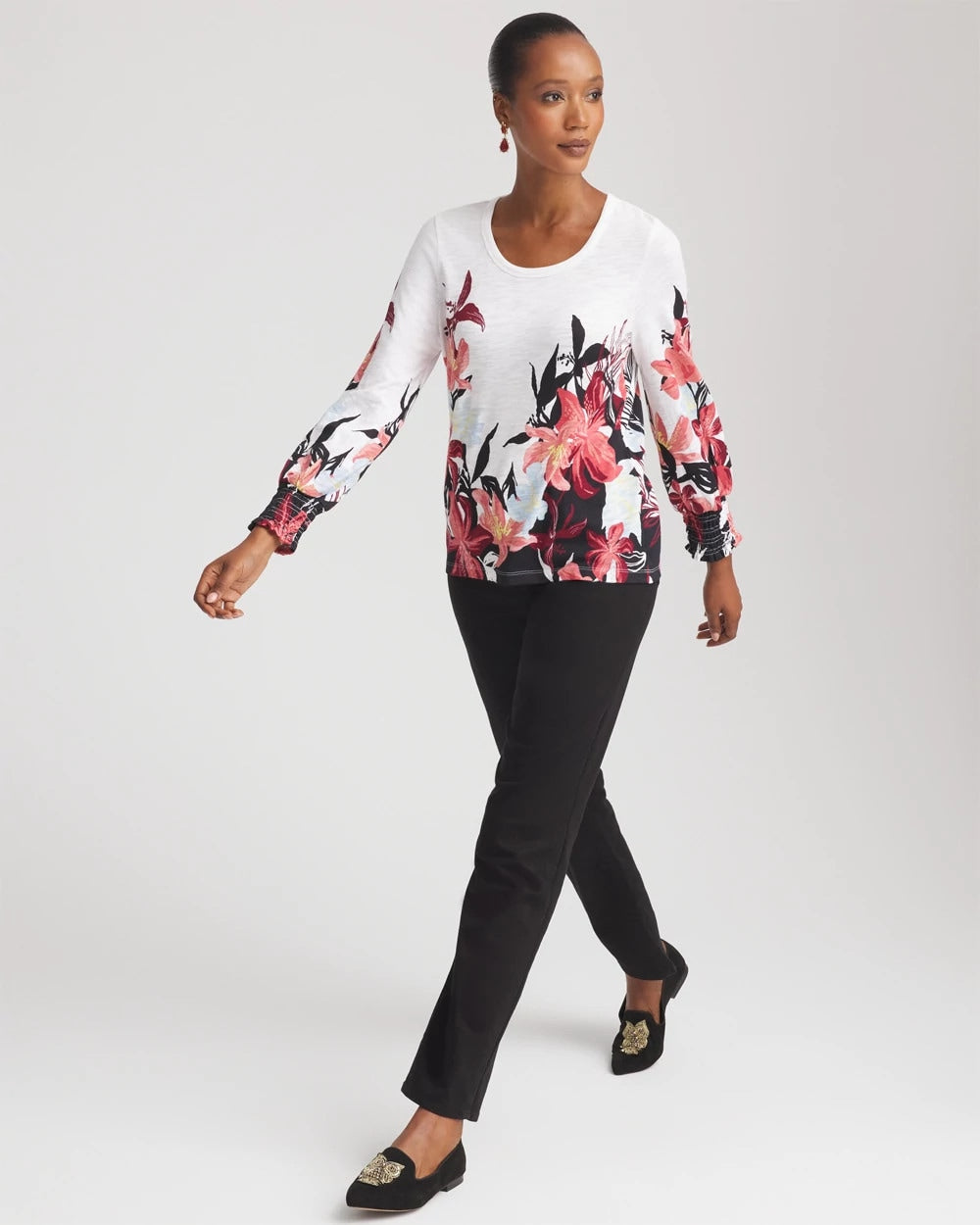 Chico's Sale Alabaster Floral-Motif Smocked Cotton-Slub Tee