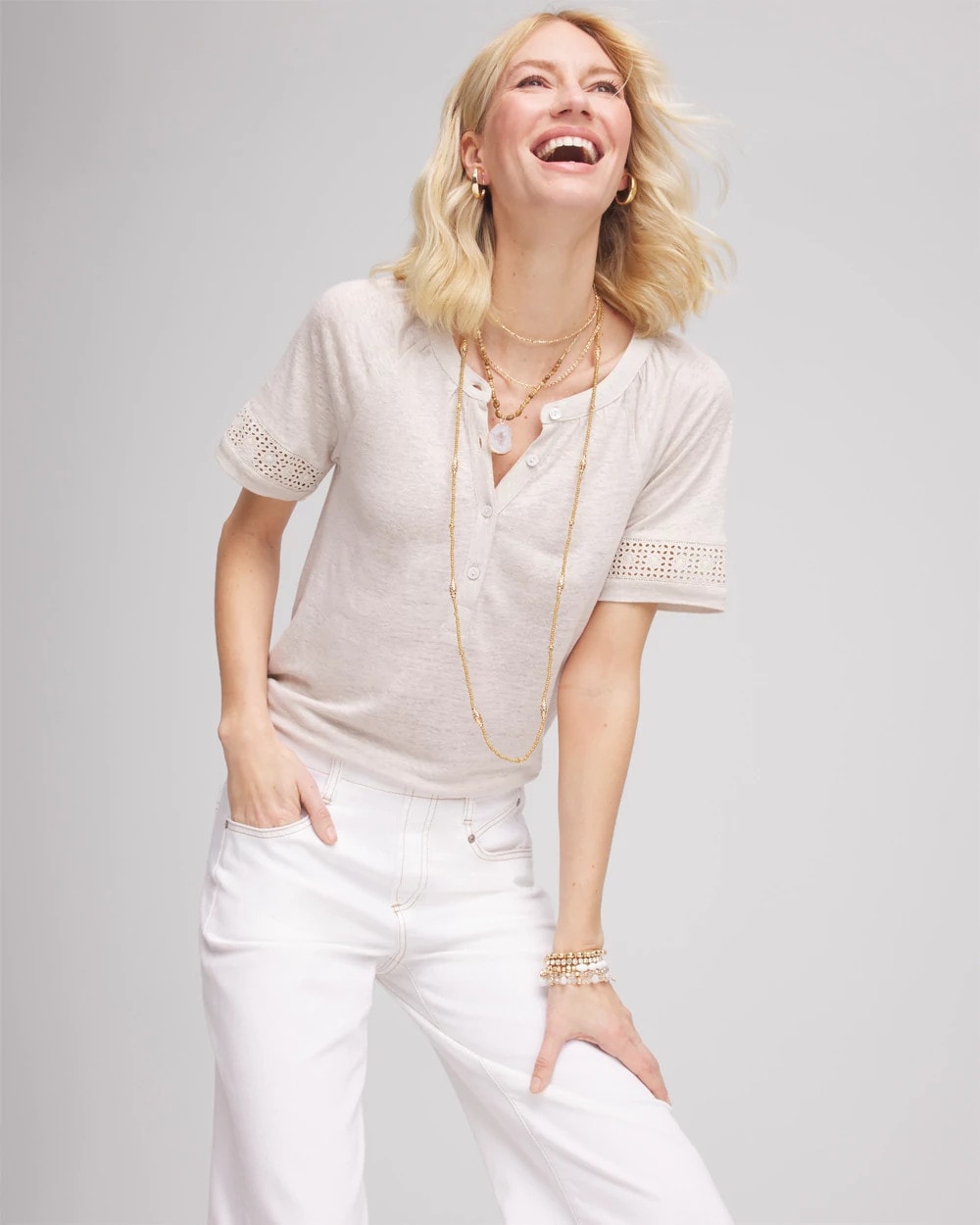 Chico's On Sale River Rock Linen Lace-Cutwork Sleeve Henley Tee