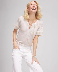 Chico's On Sale River Rock Linen Lace-Cutwork Sleeve Henley Tee