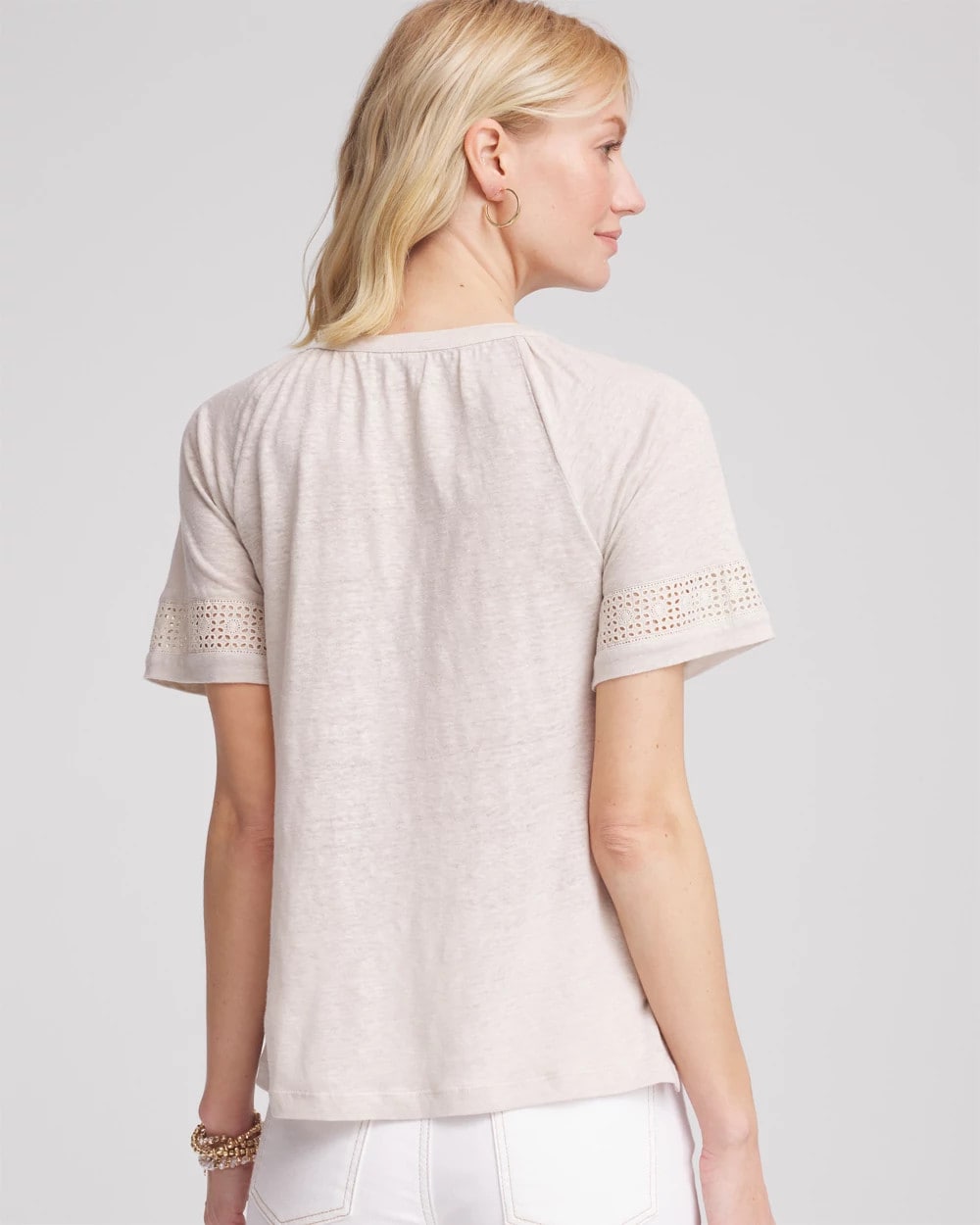 Chico's On Sale River Rock Linen Lace-Cutwork Sleeve Henley Tee